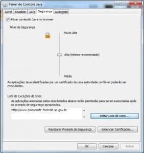 Configurando as exceções de sites - Java