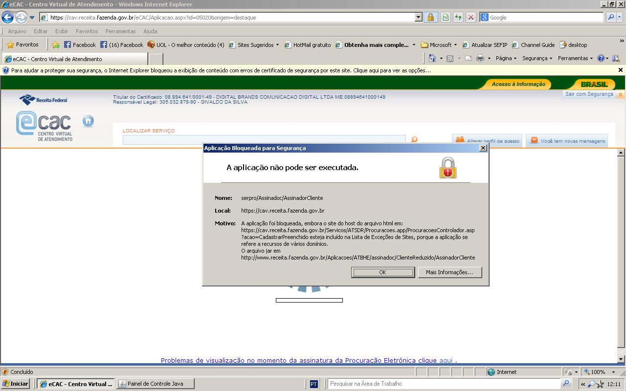 Erro no acesso com Certificado Digital no Site da Receita