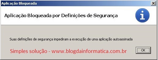 Problemas com o Certificado Digital e Java no site da Receita Federal 2 Aplicação Bloqueada por Definições de Segurança