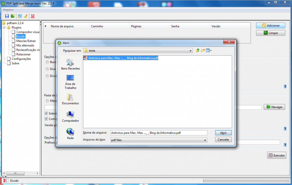Trabalhando com pdf - Dividir ou juntar arquivos 10 PDF - Selecionar o arquivo