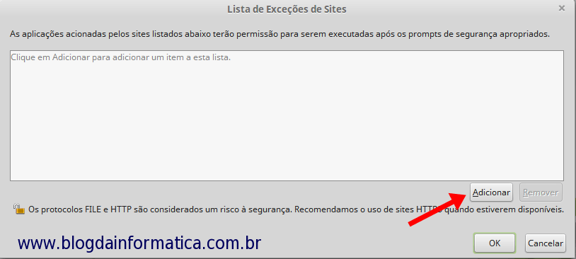 Cadastro Sincronizado - Aplicação bloqueada 4 Java - Adicionar Sites nas exceções