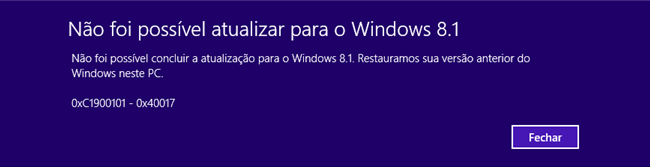 Não foi possivel atualizar para o Windows 8.1 - 0xC1900101 0x20040017