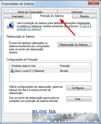Usando Utilizando a restauração do sistema - Proteção do sistema