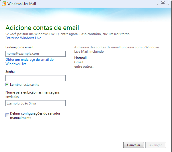 Configuração inicial do Windows Live Mail