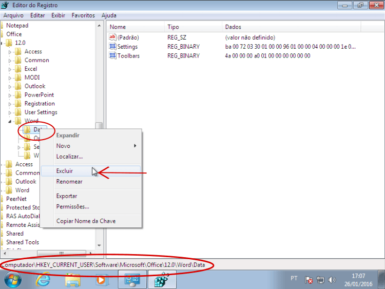 Corrigindo problema do Word - Alterações no registro