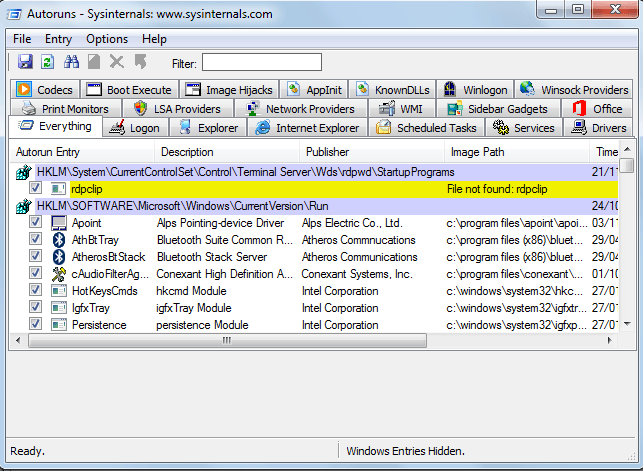 Problema na inicialização - Sysmenu.dll 1 Autoruns.exe - tela inicial