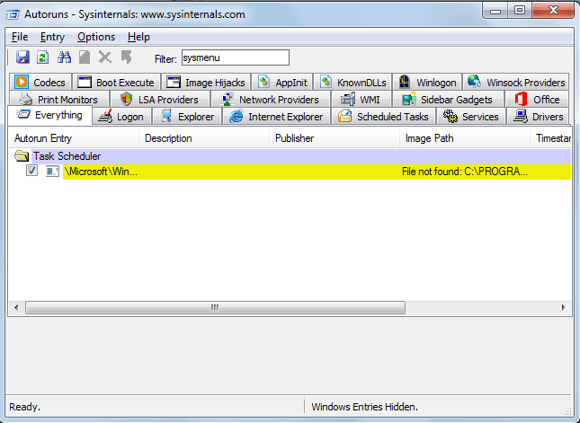 Problema na inicialização - Sysmenu.dll 2 Autoruns.exe - sysmenu.dll