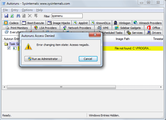 Problema na inicialização - Sysmenu.dll 3 Autoruns.exe - Executando como administrador