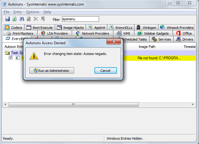Autoruns.exe - Executando como administrador