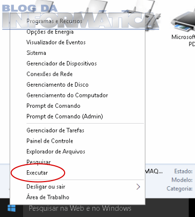 Menu Executar no Windows 10