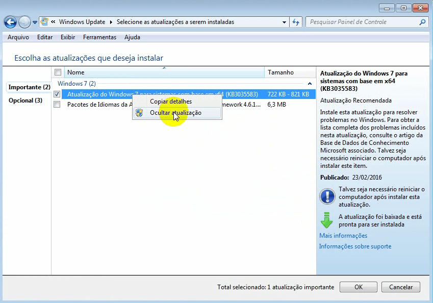 Ocultando atualização do KB3035583