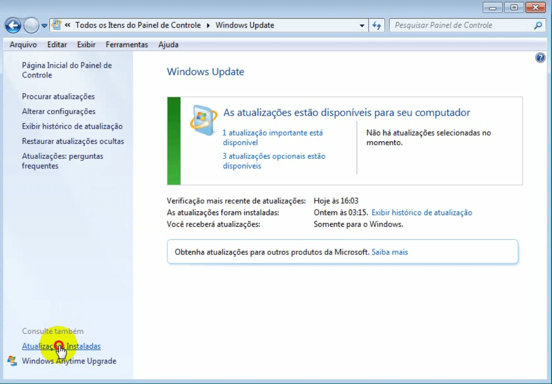 Acessando as Atualizações Instaladas
