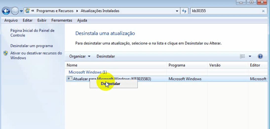 Desinstalar a Atualização KB3035583