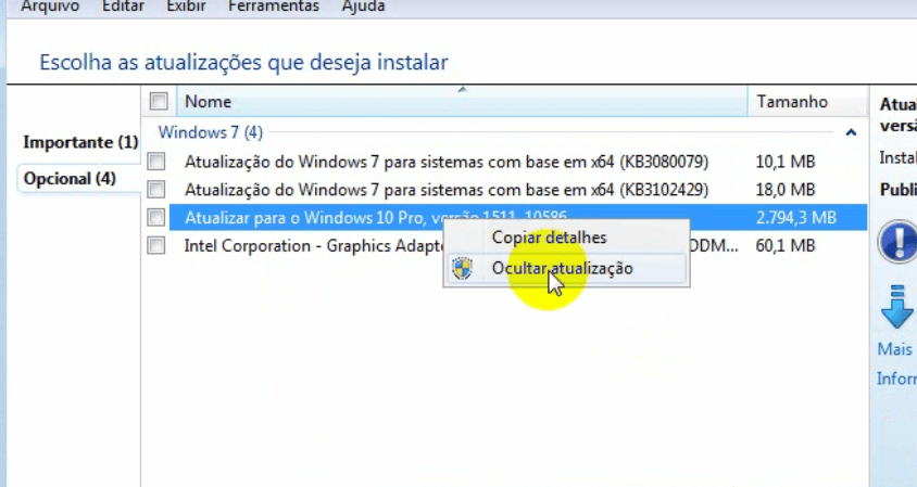 Ocultando atualização do Windows 10