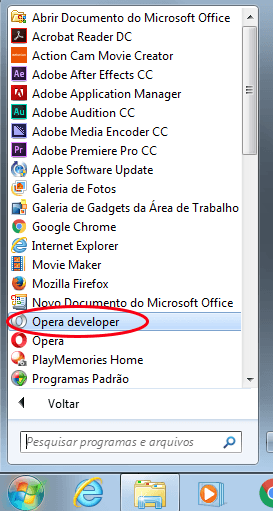 Ícone do Opera Developer no Menu iniciar