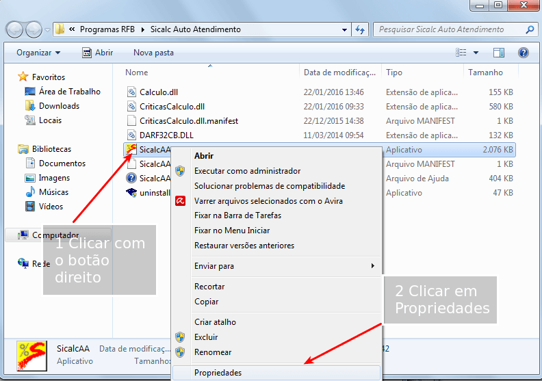 Sicalc web e incompatibilidades de Windows 7, 8 e 10 6 Sicalc - Propriedades do Programa