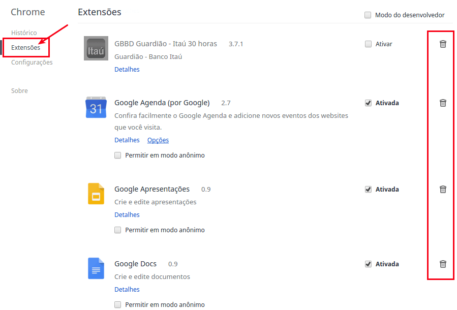 Chrome - Gerenciando extensões