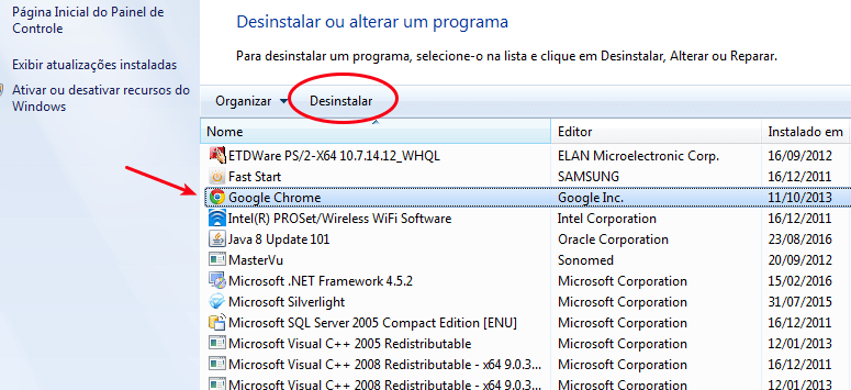 Painel de Controle - Desinstalar Chrome