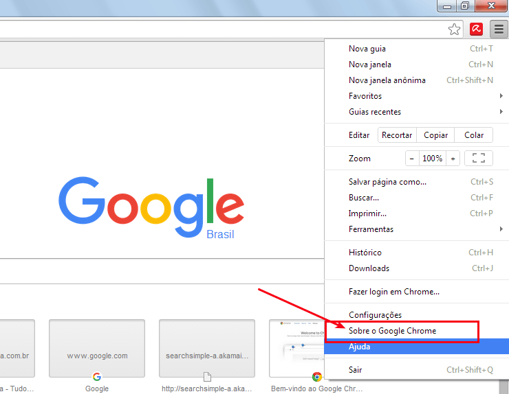 Menu - sobre o Google Chrome