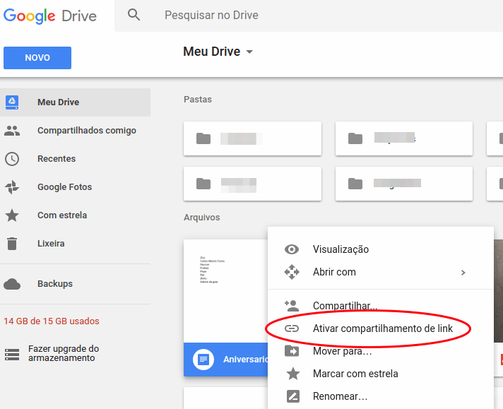 Google Drive - Ativar compartilhamento