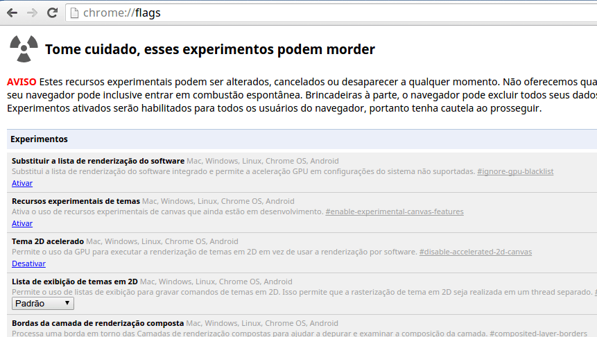 Acelerar o Chrome mudando apenas 7 flags 1 Painel das flags do Google Chrome