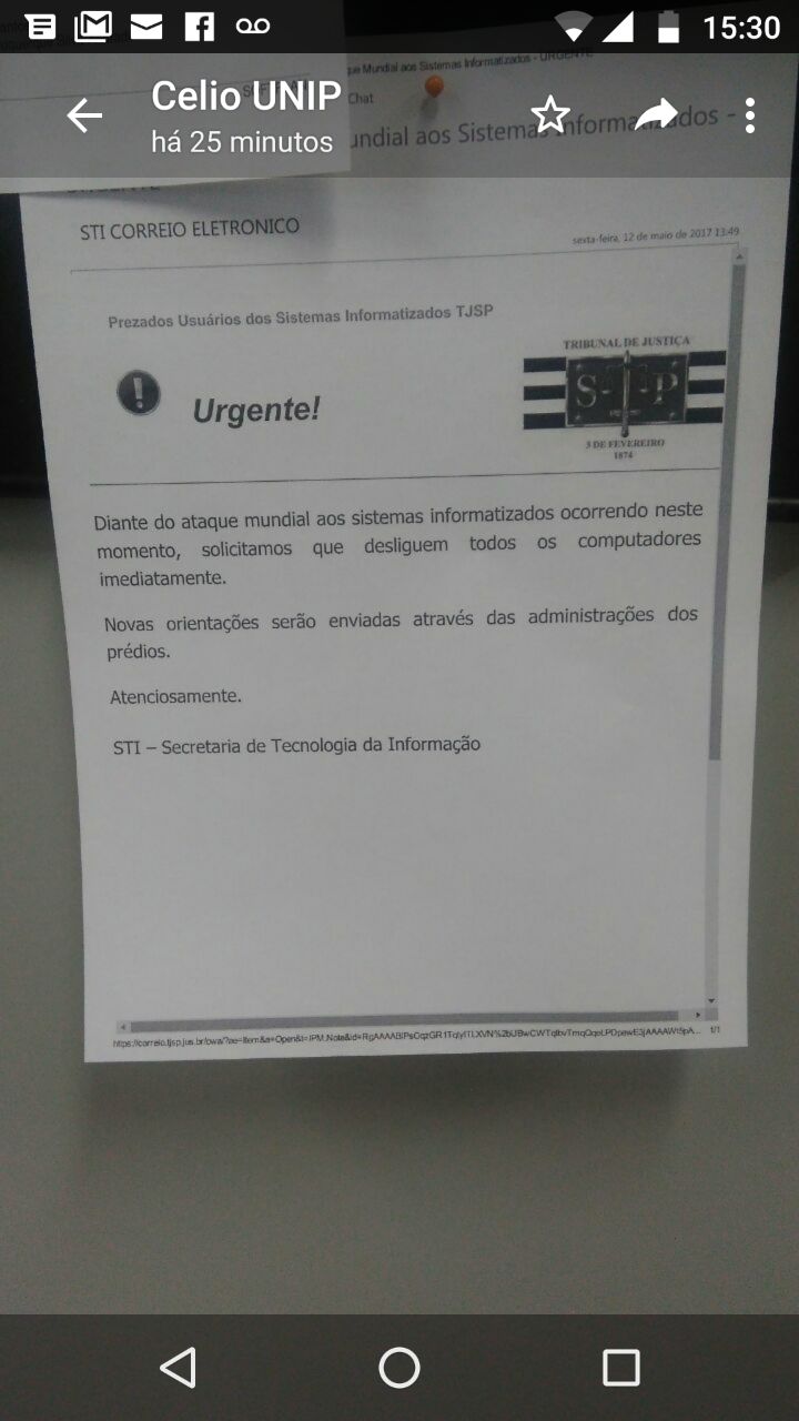 Um ataque cibernético global - Ransomware 1 Aviso TJSP