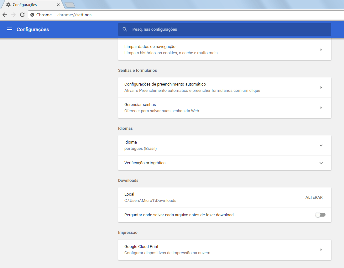 Chrome 59 - Configurações avançadas - 2