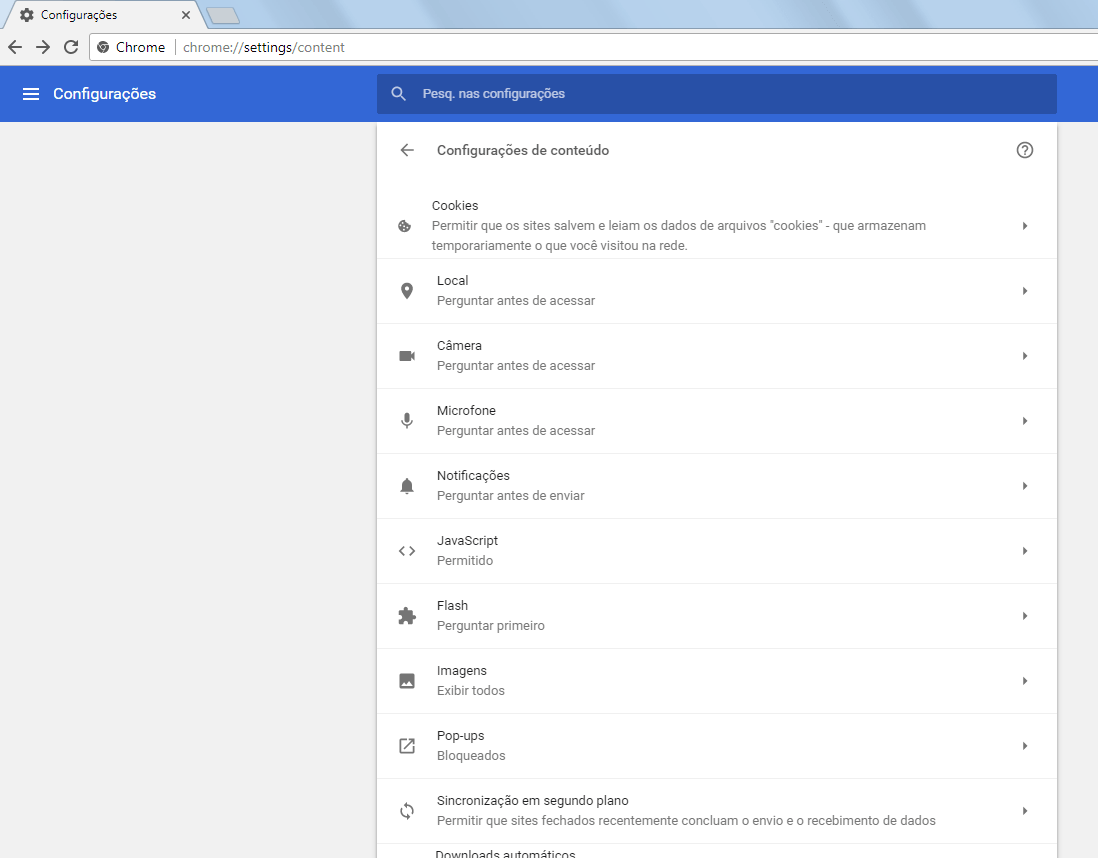 Chrome 59 - Novidades, configurações e funcionamento 8 Chrome 59 - Configurações de conteúdo - 1