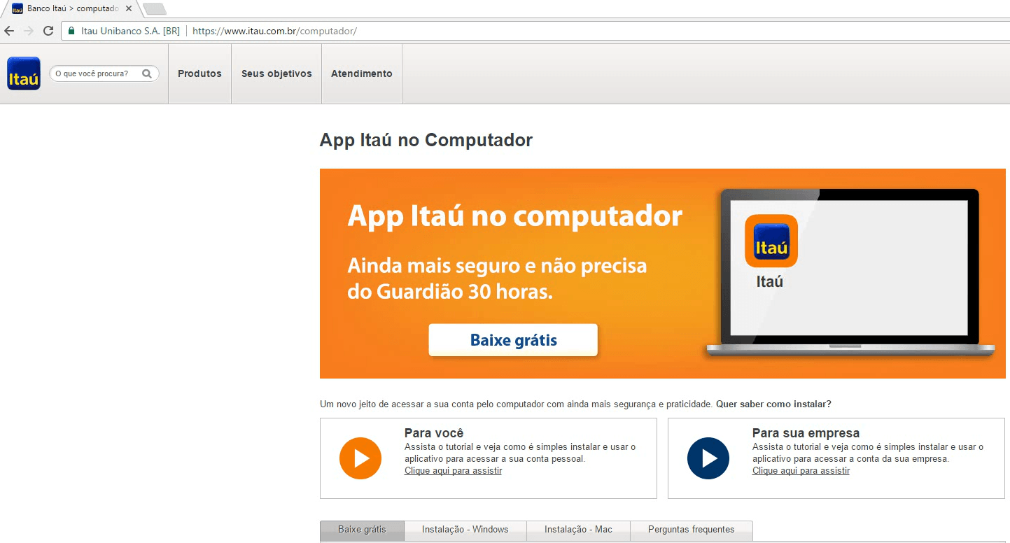 Site do Aplicativo Itaú