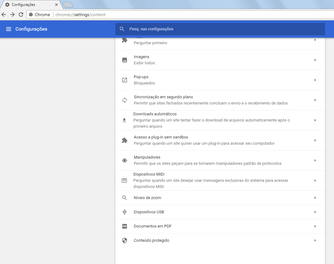 Chrome 59 - Novidades, configurações e funcionamento 9 Chrome 59 - Configurações de conteúdo - 2