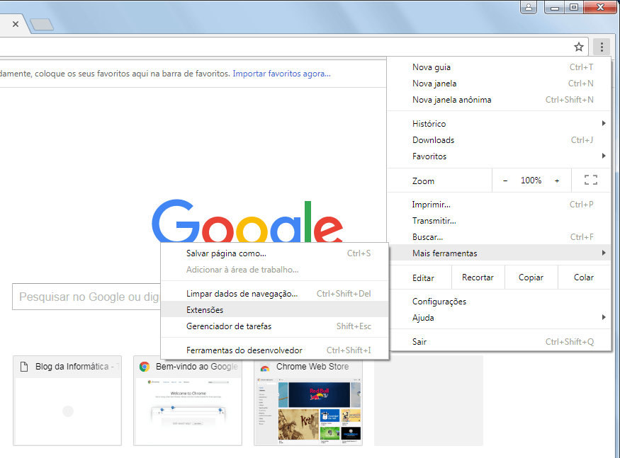 Chrome 59 - Menu de extensões