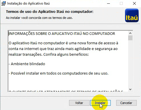 Tela 2 da instalação do App Itaú