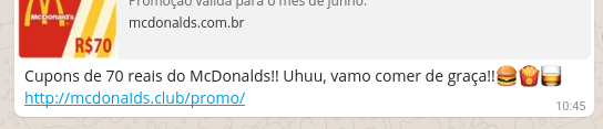Golpe de WhatsApp promete Cupons de 70 reais no McDonald's 1 Golpe do McDonald's - Link errado