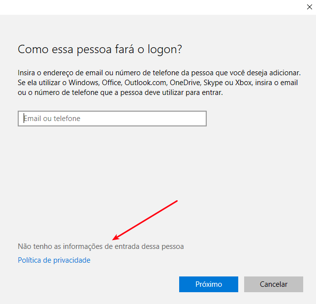 Interface Windows 10 - Sem informações do usuário
