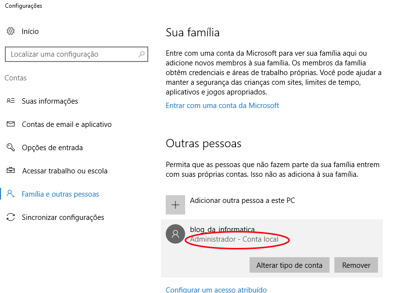 Interface Windows 10 - Tipo de uma conta local