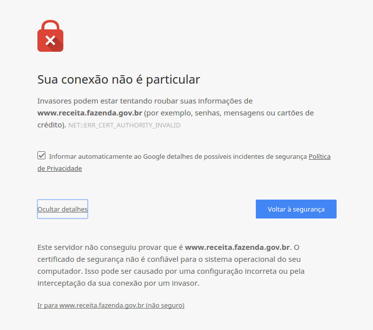 Mensagem 'Sua conexão não é particular' 5 Corrigindo