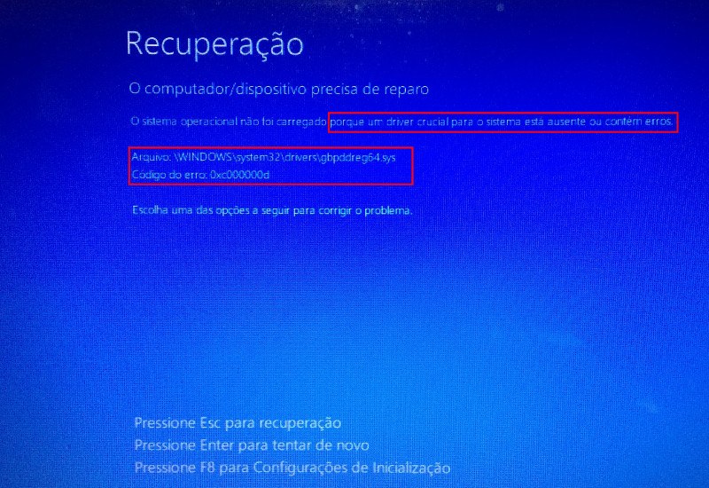 Windows 10 não inicia - Reparo automático 7 Recuperação - Erro ao carregar um driver ou arquivo