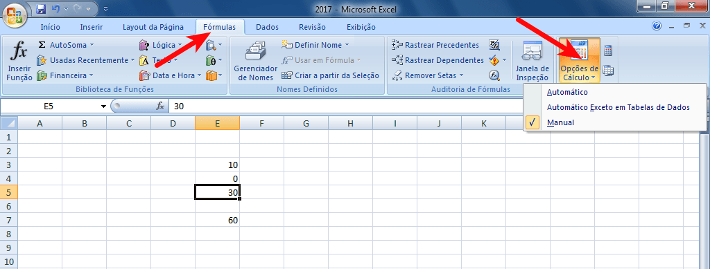 Função Soma do Excel não calcula automaticamente 3 Excel - Menu Fórmulas