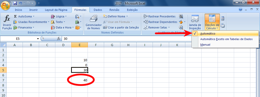Função Soma do Excel não calcula automaticamente 4 Excel - Reativar o cálculo automático