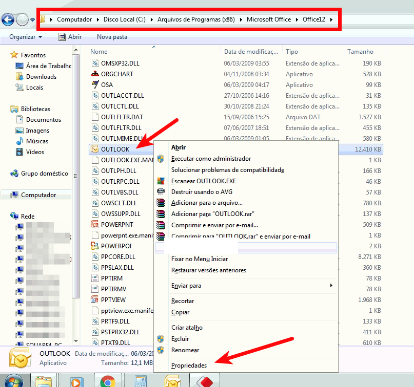 Não é possível iniciar o Microsoft Outlook 3 Propriedades do Outlook.exe