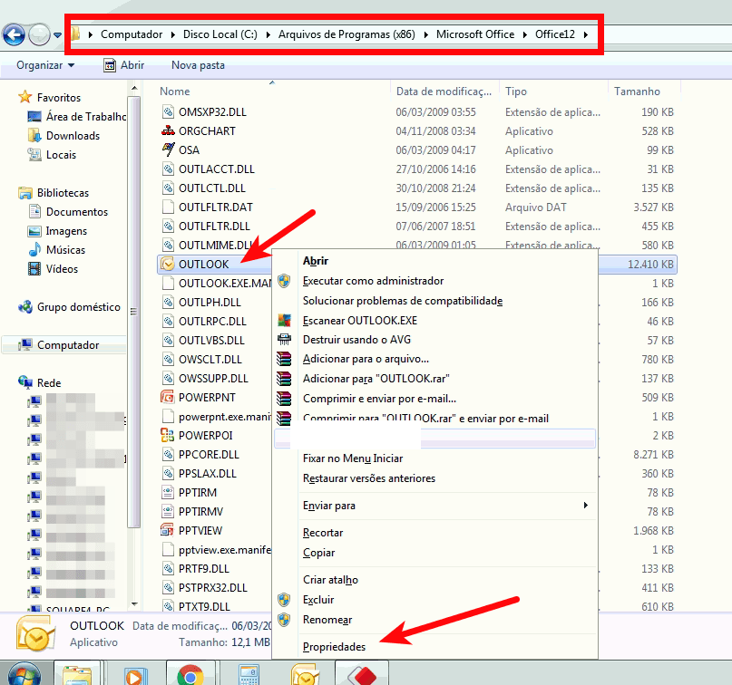 Propriedades do Outlook.exe