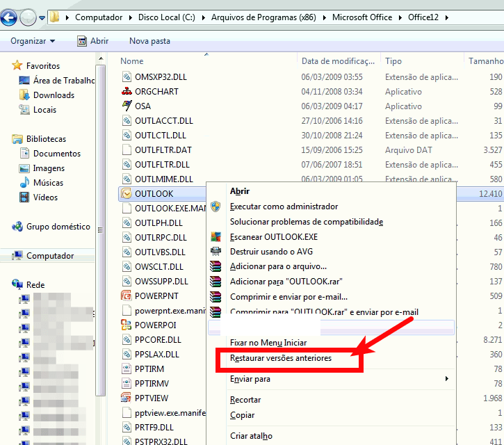 Restaurando versões anteriores - Outlook.exe