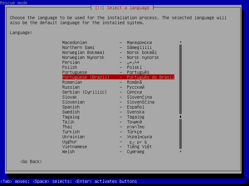 Corrigir sistema de arquivos inconsistente no Linux 3 Selecionando a linguagem