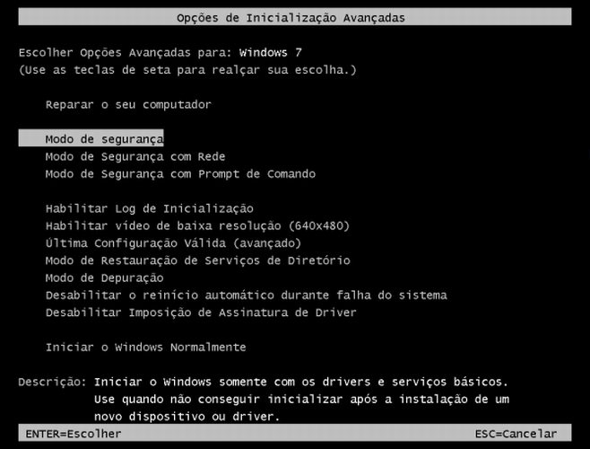 Windows 7 não inicia 1 Menu do modo de seguraça do Windows 7