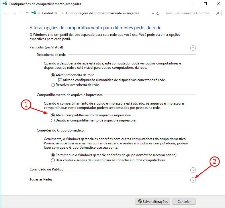Desativar compartilhamento protegido por senha 3 Ativar compartilhamento de arquivos e impressoras