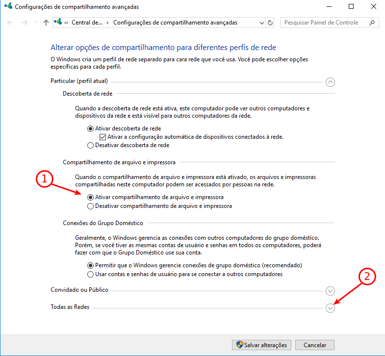 Ativar compartilhamento de arquivos e impressoras