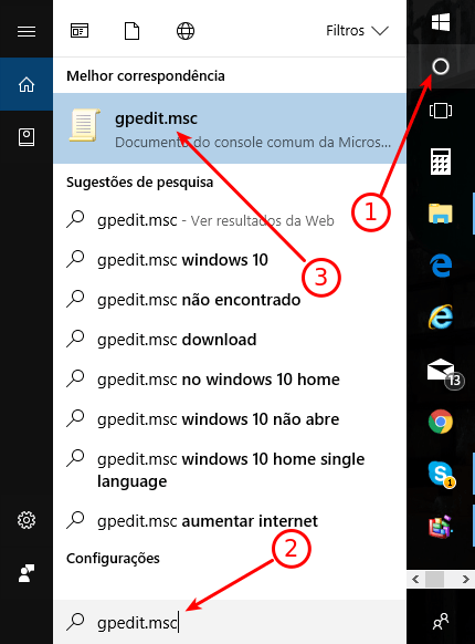 Alterar rede pública para privada no Windows 10 6 Buscar gpedit.msc