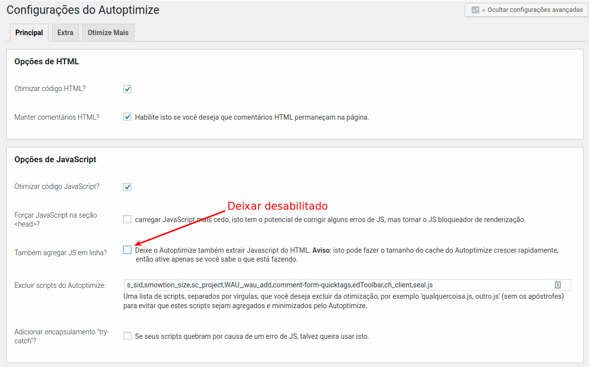 Ajustando tamanho do cache do autoptimize