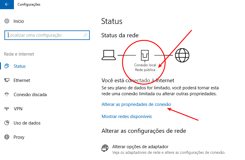 Alterar rede pública para privada no Windows 10 2 Status de rede pública