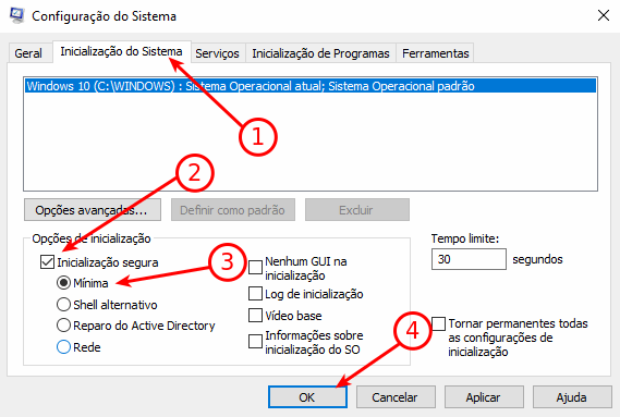 Habilitando o modo seguro no msconfig